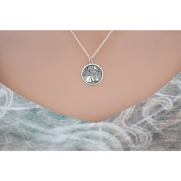 Sterling Silver Camping Charm with Tent and Trees Necklace - Picture 3 of 4